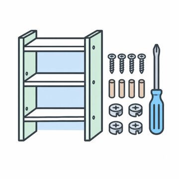 Flat pack shelf unit with screws dowels and a screwdriver, self assembly furniture and DIY setup concept