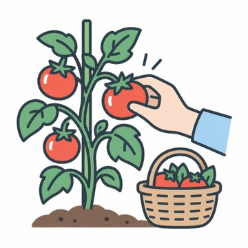 Hand picking a ripe red tomato from a plant with a basket of tomatoes below, home tomato harvest concept