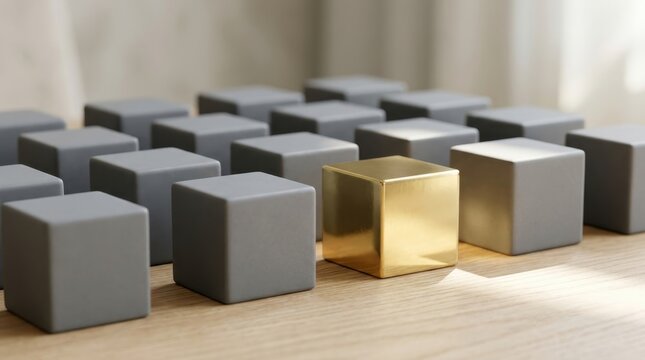 One shiny gold cube standing out among many grey cubes on wood