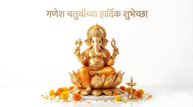 Ganesh Chaturthi Greeting with Golden Ganesha Idol on White Background