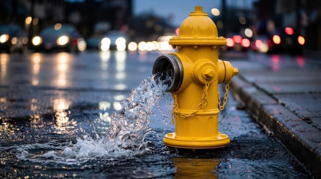 Bright yellow fire hydrant leaking water on wet city street at night