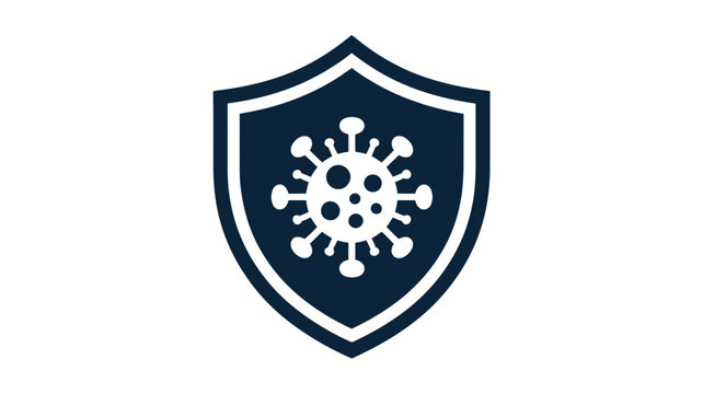 Dark blue shield icon containing coronavirus cell symbol representing virus protection health defense and immune safety isolated on white background.