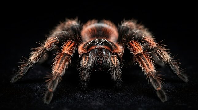 Close-up of a tarantula spider with detailed fur and fangs in dark macro lighting