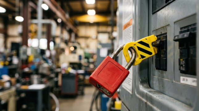 Lockout tagout safety procedure on industrial electrical breaker box