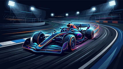Fototapeta premium Formula 1 Night Race Vector Illustration Featuring High-Speed Open-Wheel Racing Cars Competing on a Modern City Circuit Under Bright Neon Lights with Motion Blur and Grandstands.