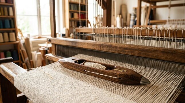 Traditional wooden loom with shuttle and woven fabric in a workshop