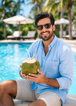 A man sits by a pool smiling while holding a fresh coconut drink, wearing sunglasses and casual summer clothing. The scene conveys relaxation and tropical vacation vibes.