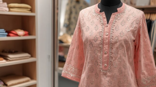 Elegant pastel pink embroidered blouse displayed on mannequin in boutique setting with craftsmanship