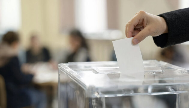 Voter placing a ballot into a transparent ballot box during an election, with blurred people in the background. Image conveys voting, civic participation, and democracy.
