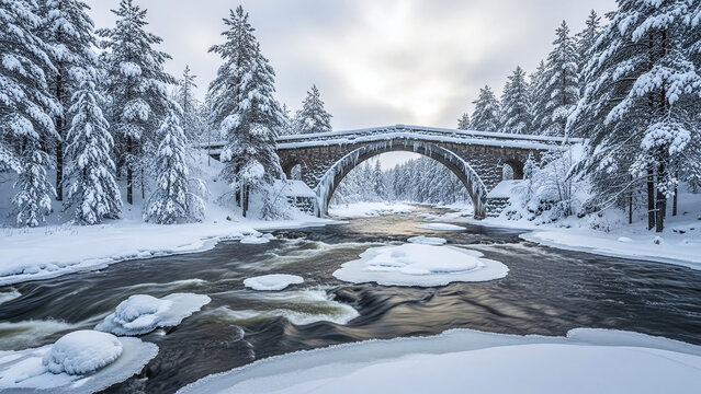 Snow-covered stone arch bridge spanning frozen winter river surrounded by evergreen trees under overcast sky