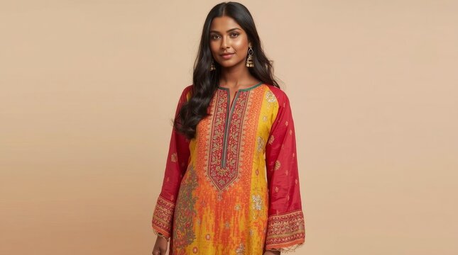 Woman in vibrant embroidered silk kurti with bold floral patterns with showcases woman wearing long