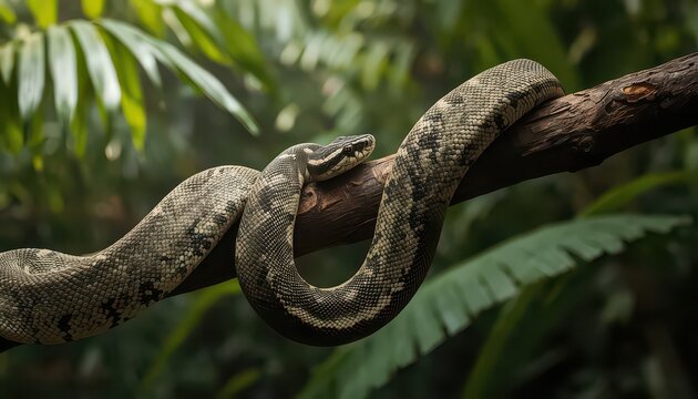 Patterned snake coiled around a branch in a tropical forest