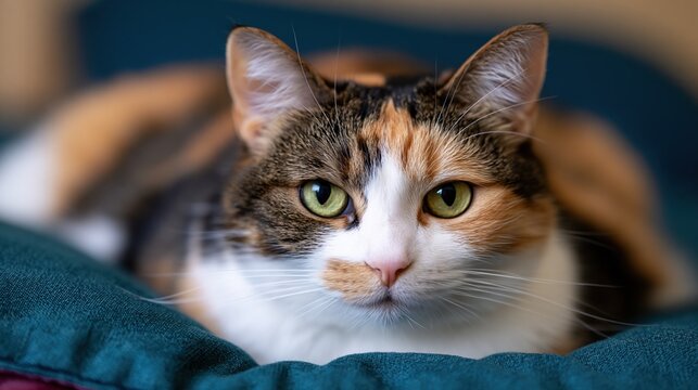 Close-up Portrait of a Beautiful Calico Cat with Green Eyes Relaxing on a Teal Pillow Indoors
