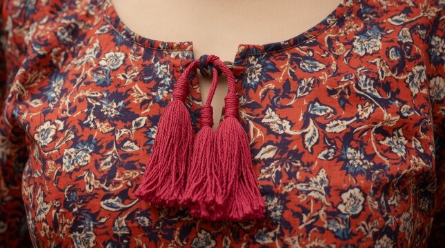 Close up of vibrant floral patterned fabric with deep red tassel knot detail at neckline with ethnic