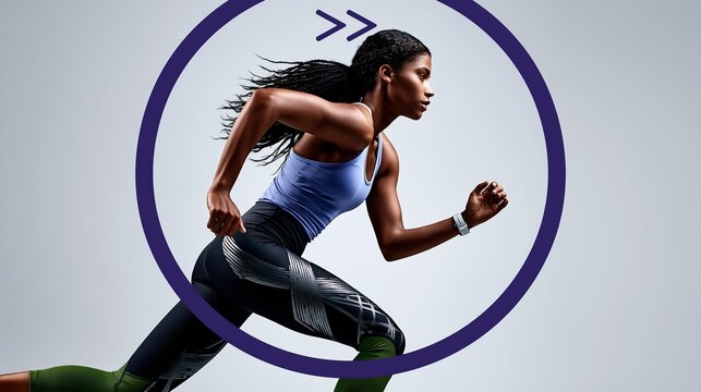 Fit athletic woman running fast inside a progress circle, symbolizing speed and achievement