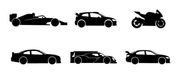 Fototapeta premium Diverse Vehicle Silhouettes: Sports Cars, Formula 1, Motorcycle, and Race Cars