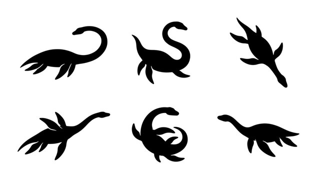 Nessie Loch Ness Monster Silhouettes, Mythical Creature Vector Icons, Cryptid Legends Set