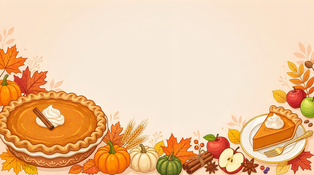 Delicious pumpkin pie with autumn fruits and leaves illustration