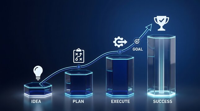 Business growth and success concept shown with progressive pillars labeled idea plan execute growth strategy achievement strategy progress development financial corporate