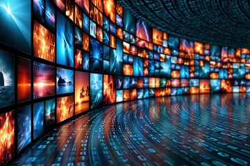 Fototapeta premium Digital Media Wall with Abstract Data Flow and Vibrant Screen Displays