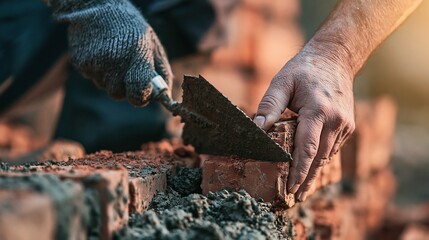 Naklejka na ściany i meble Close-up of a construction worker's gloved hands expertly laying bricks with a trowel and mortar