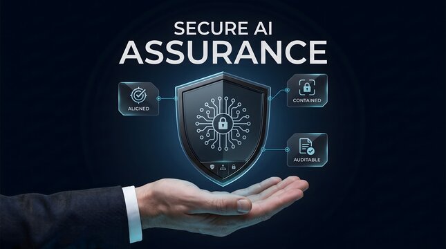 Human hand presenting glowing security shield icon representing secure artificial intelligence assurance with AI assurance cyber security secure data digital protection