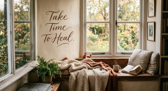 Cozy Window Seat With Blanket And 'Take Time To Heal' Message