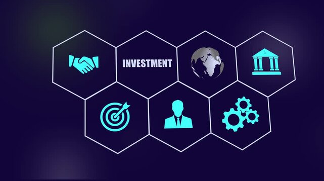 Dynamic financial investment concept infographic featuring animated hexagonal representing global banking, corporate strategy, business growth, networking, and economic development goals