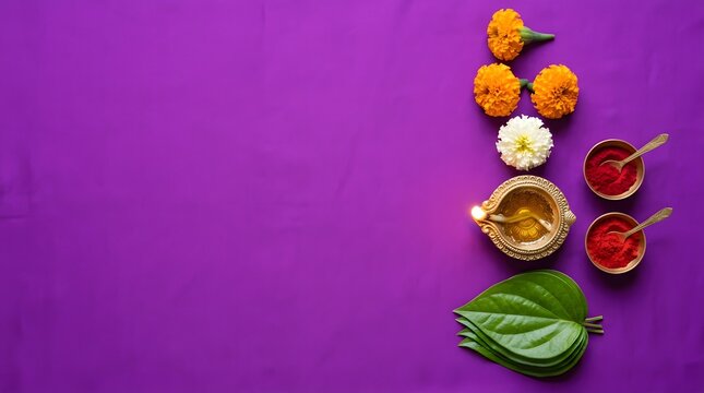 Diwali puja essentials with diya flowers and kumkum on purple