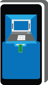 Smartphone with mobile banking application showing ATM machine dispensing cash money withdrawal concept vector illustration