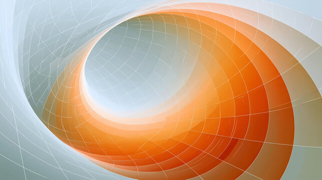 Abstract orange spiral tunnel with grid lines and light blue background.
