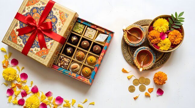 Diwali gift box with sweets and diyas isolated on white background
