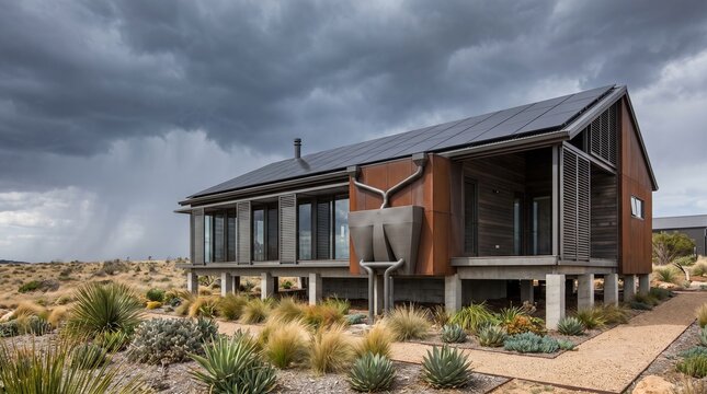 Modern stilt house in desert landscape under dramatic stormy sky with rain showers