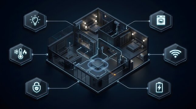 Smart home floor plan architectural model with connected iot technology icon interface symbols house architecture home automation building model interior design automation sys