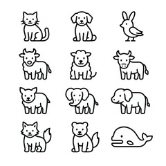 Obraz premium Vector-based, uncolored animal line icon set on a white background.