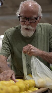 An elderly man is shopping for lemons at a grocery store. He carefully selects and prepares them for bagging.