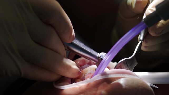 Close-up of dentist hands holding metal instrument while polishing tooth surface. Purple suction tube and clear retractor visible. Final stage of temporary crown preparation for veneers. 4k video