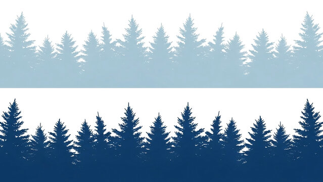 Minimalist winter forest silhouette with evergreen trees in contrasting blue and light tones, split horizon design