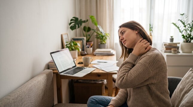 Woman suffering from neck pain while working in her home office