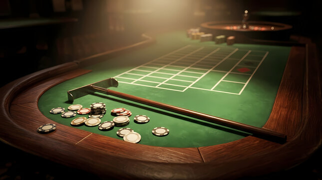 Classic Roulette Gaming Table With Betting Chips And Rake Tool In A Dimly Lit Chamber Showing An Atmosphere Of Luck And High Stakes Gambling During A Night Of Entertainment At An Established