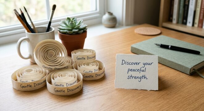 Desk workspace with rolled paper spirals and inspirational quote 'Discover your peaceful strength'