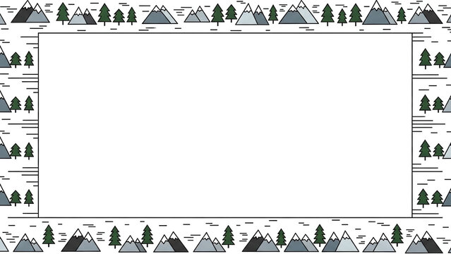 Minimalist winter border illustration featuring snow-covered mountain peaks and evergreen trees for holiday or seasonal design