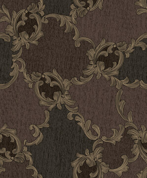 Seamless traditional texture with high-quality elegant gold arabesque and floral scroll patterns drawn with delicate lines on a dark brown surface for sophisticated modern design