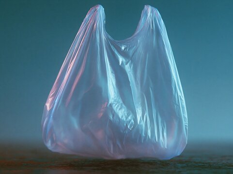 Single Use Transparent Plastic Shopping Bag Against Blue Gradient Background with Dramatic Lighting