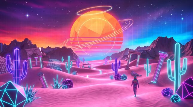 Synth wave aesthetic desert landscape with neon glowing cacti and a futuristic planet in a sunset sky alien planet night sky sci fi environment digital