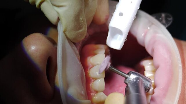 Close-up of dental handpiece shaping front teeth with retractor holding lips. Purple tube visible. Precision cosmetic dentistry procedure for temporary crown fitting 4k video