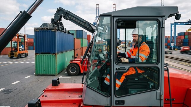 Male operator driving a reach stacker inside a busy port terminal cabin with container stacks in background