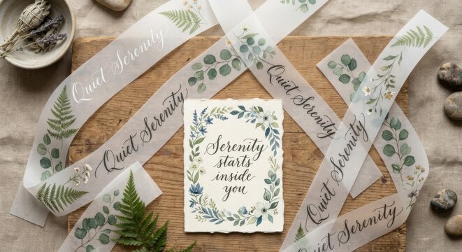 Elegant Floral Wreath Card and Botanical Ribbon Display on Wood