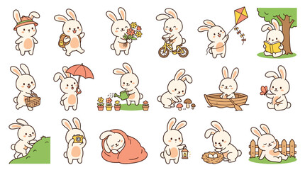 Obraz premium Set of cute cartoon rabbit characters performing various daily activities and hobbies.