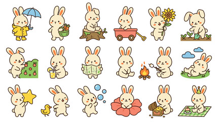 Obraz premium Set of cute cartoon bunny rabbit characters doing various daily activities and hobbies.